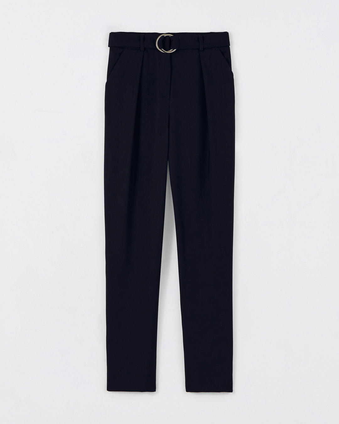 "Tailored pants in navy blue-7-8th waist-high-Loop-under-belt-Two-pockets-Italian-style-Belt-assorted-tone-on-tone-Zip-close-staple-before-17H10-tailors-for-women-paris-"