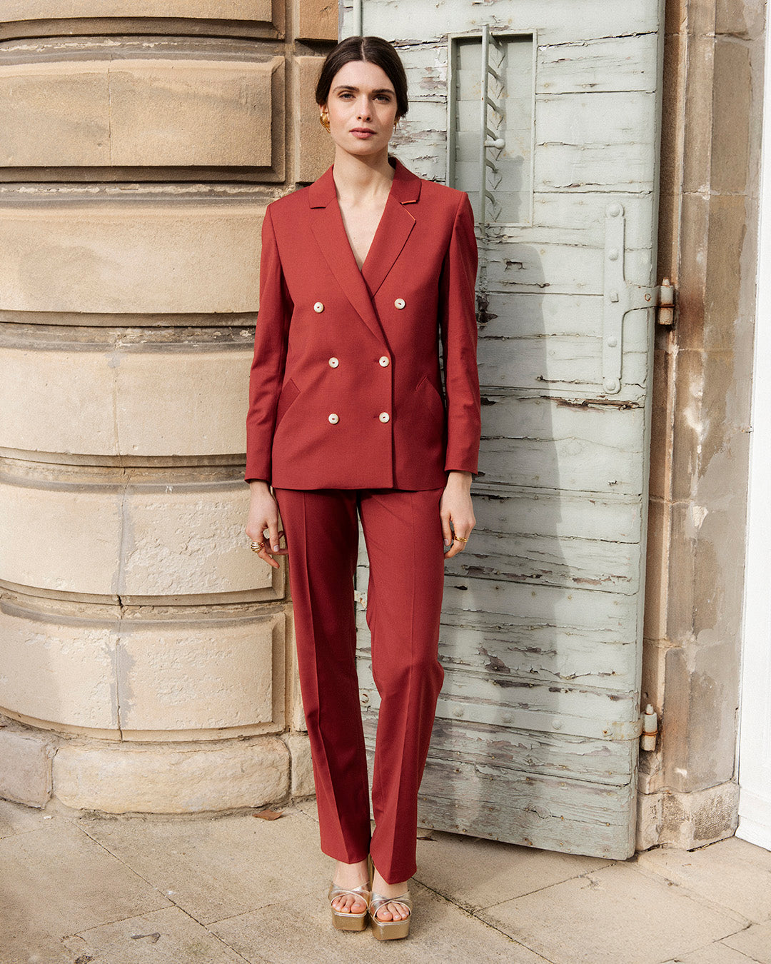 women's-dress-suit-straight-trousers-terracotta-cropped-jacket-ceremony-wedding-office-