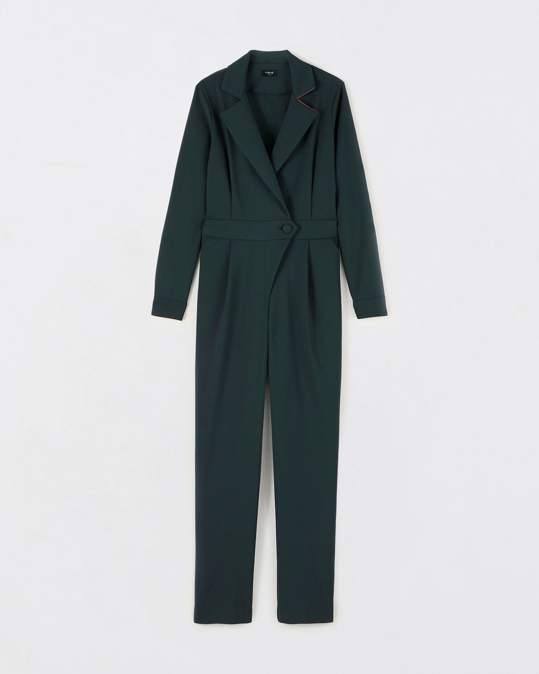 Combinaison-vert-profond-Col-tailleur-Matière-très-confortable-Bouton-ton-sur-ton-ceinture-Taille-marquée-coupe-très-flatteuse-Léger-décolleté-féminin-17H10-tailleurs-pour-femme-paris-