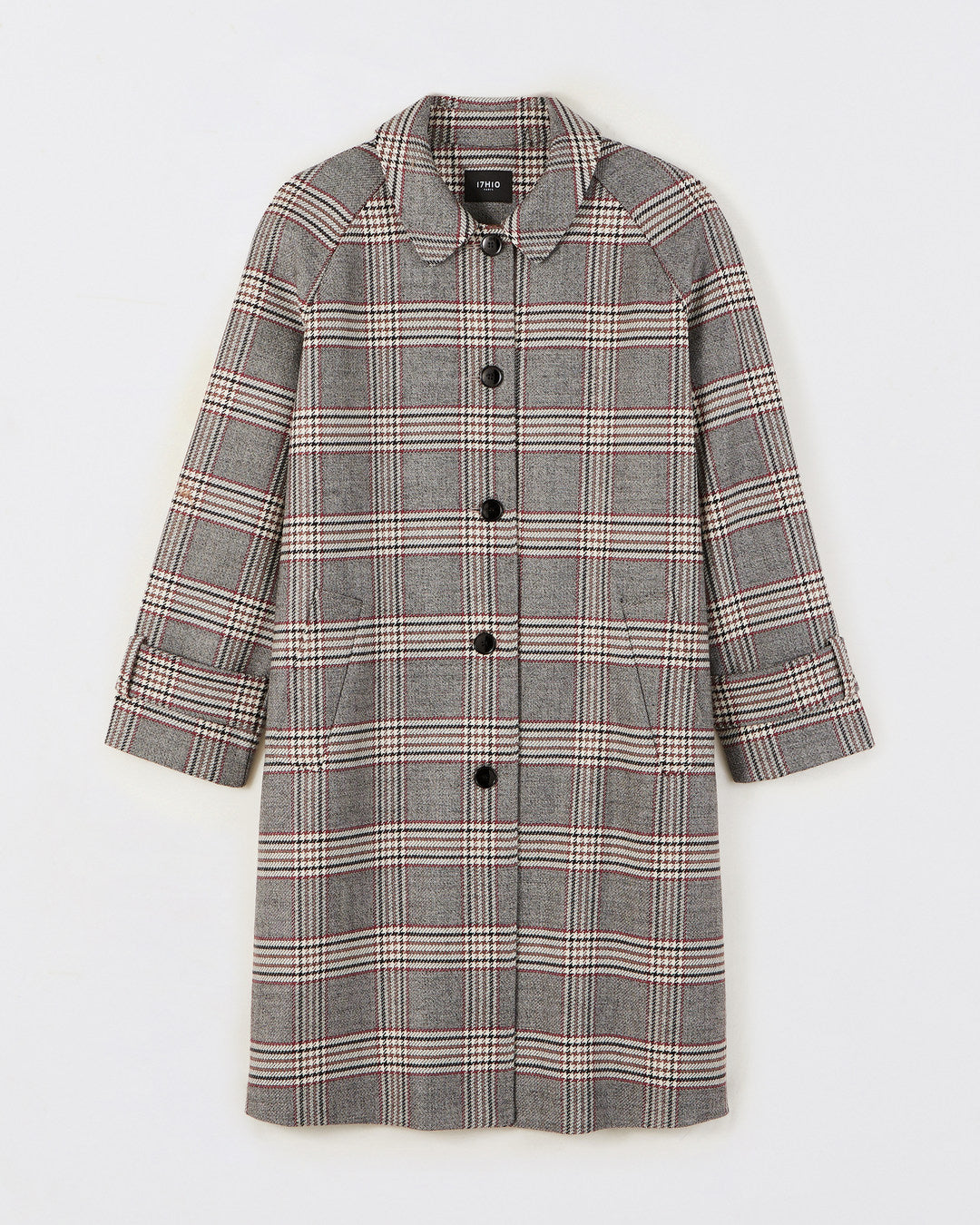 Manteau-prince-de-galle-tons-chauds-lignes-camel-bordeaux-motif-exclusif-automne-printemps-Manteau-mi-long-Coupe-ample-Boutons-noirs-vernis-brillant-Col-regular-Patte-de-serrage-poignet-17H10-tailleurs-pour-femme-paris-