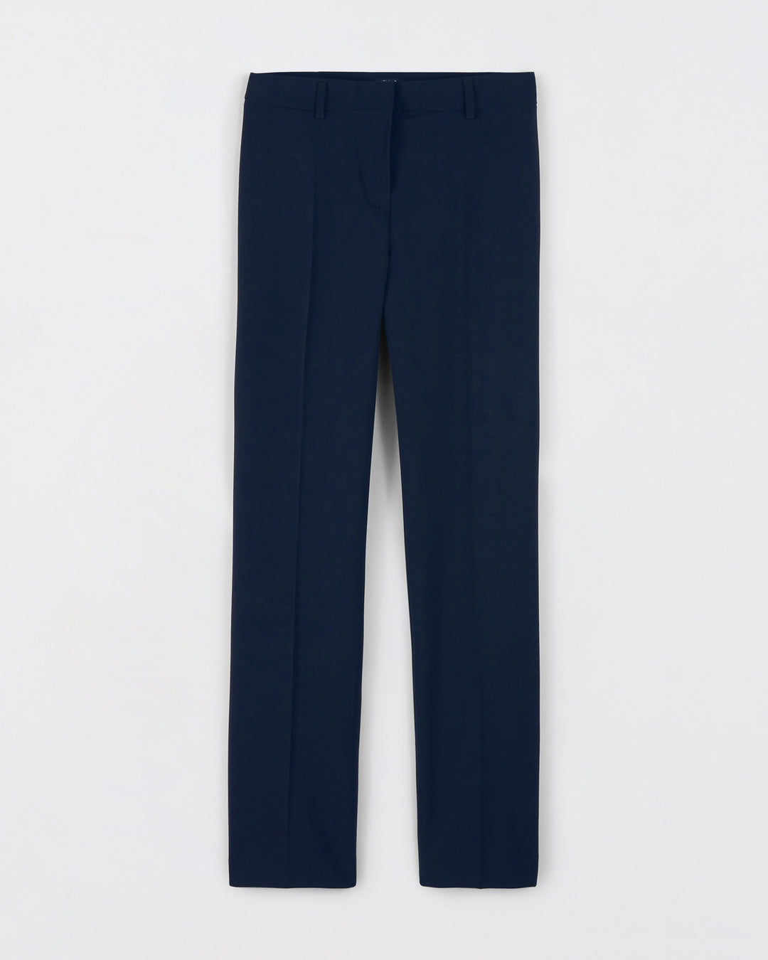 Pantalon-de-tailleur-bleu-marine-Coupe-droite-Taille-haute-Plis-avant-pour-une-tenue-droite-Drap-de-laine-bleu-nuit-Passants-de-ceinture-Fermeture-zip-avec-crochet-Bouton-camel-17H10-tailleurs-pour-femme-paris-