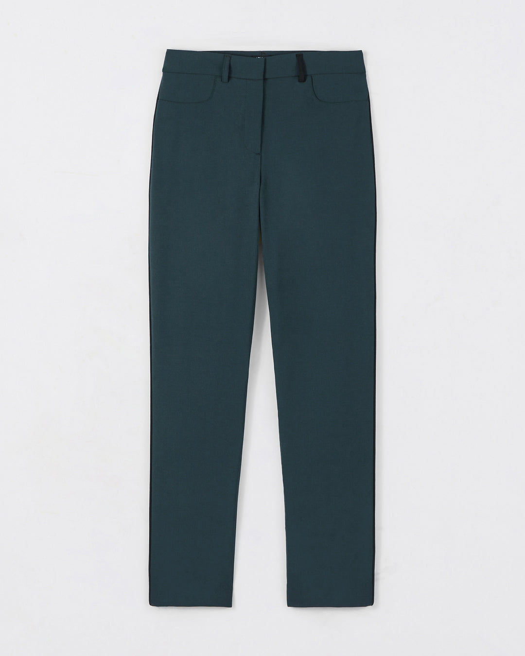 "Pantalon-tailleur-vert-Coupe-cigarette-Taille-mi-haute-Fausses-poches-cavalières-à-l'avant-Poches-poissepoilées-arrières-Passant-pour-la-ceinture-17H10-tailleurs-pour-femme-paris-"