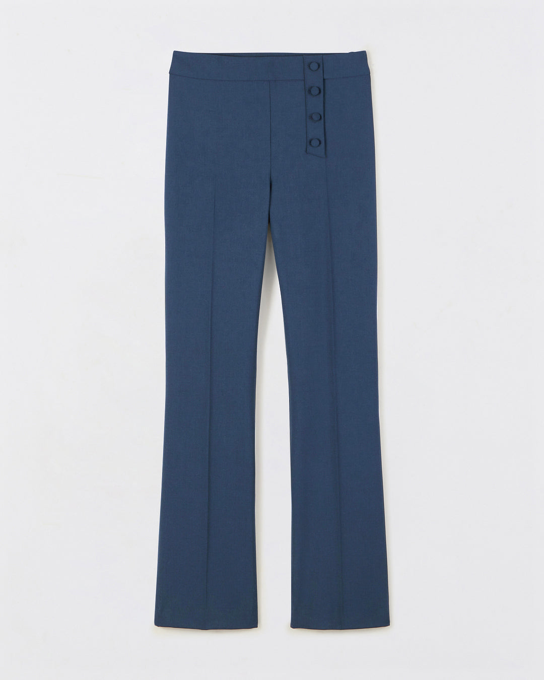 Pantalon-tailleur-bleu-gris-Taille-haute-Coupe-flair-évasée-aux-chevilles-Décoration-boutons-recouverts-asymétrique-Fermeture-zip-côté-Longueur-intérieur-jambe-80,5-cm-pour-un-36-17H10-tailleurs-pour-femme-paris-