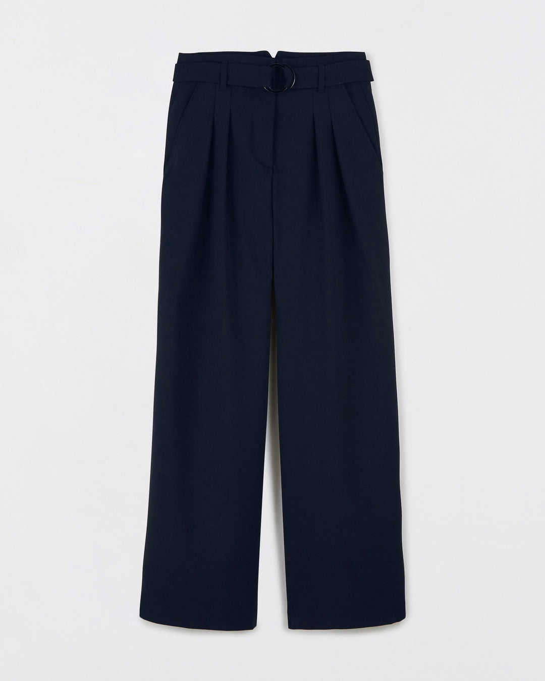 Pantalon-de-tailleur-bleu-marine-Coupe-palazzo-Taille-haute-Détails-double-plis-à-la-taille-Bas-de-jambe-XXL-Dessine-la-taille-et-les-jambes-Ceinture-à-boucle-Ceinture-amovible-marron-à-boucle-17H10-tailleurs-pour-femme-paris-