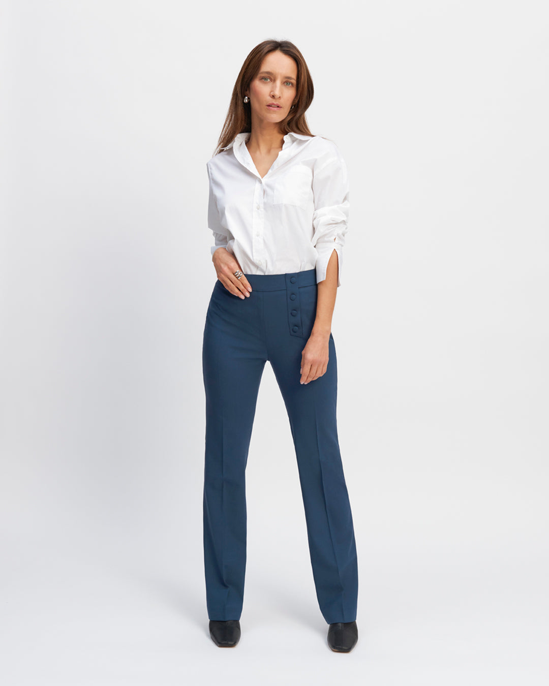 Trousers-waistcoat-blue-grey-High-waist-Clear-cut-flared-at-ankles-Decoration-buttons-covered-asymmetrical-Side-zip-Length-inside-leg-80,5-cm-for-one-36-17H10-women's-waistcoat-paris-
