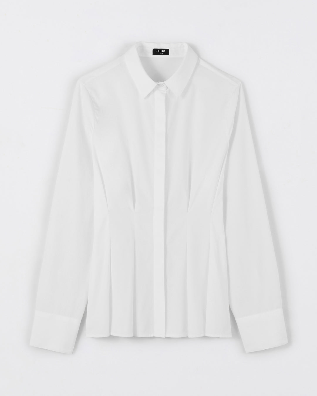 Chemise-quatre-pinces-devant-quatre-pinces-dos-effet-cintré-Col-chemise-Manches-longues-Patte-boutonnage-cachée-Poignet-boutonné-avec-encoche-17H10-tailleurs-pour-femme-paris-