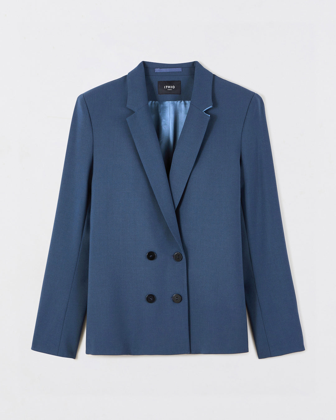 Veste-de-tailleur-croisee-quatre-boutons-Longueur-mi-fesses-Coupe-droite-Col-tailleur-Encoche-17H10-sur-le-col-Entierement-doublée-Boutonnage-en-bas-de-manche-Boutons-noirs-17H10-tailleurs-pour-femme-paris-