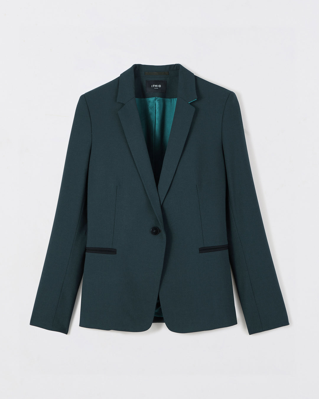 Veste-tailleur-blazer-verte-coupe-cintrée-col-tailleur-longueur-sous-les-fesses-deux-poches-passepoilées-deux-poches-intérieures-17H10-tailleurs-pour-femme-paris-