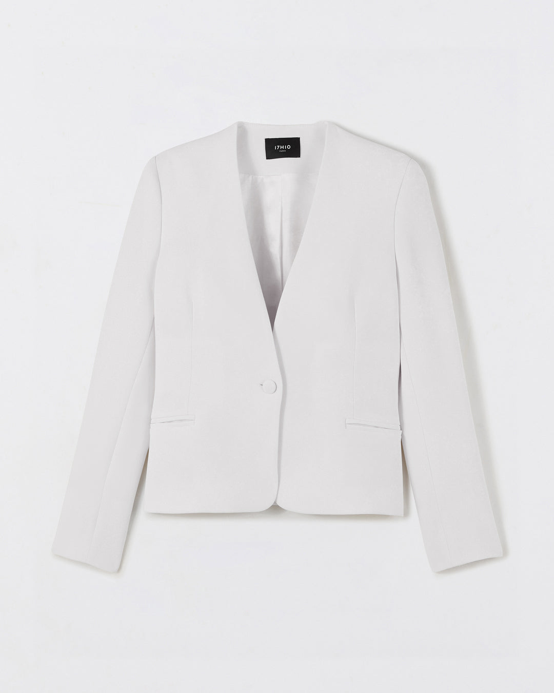 Veste-tailleur-blanche-sans-col-coupe-cintree-longueur-mi-fesses-2-poches-passepoilees-17H10-tailleurs-pour-femme-paris-