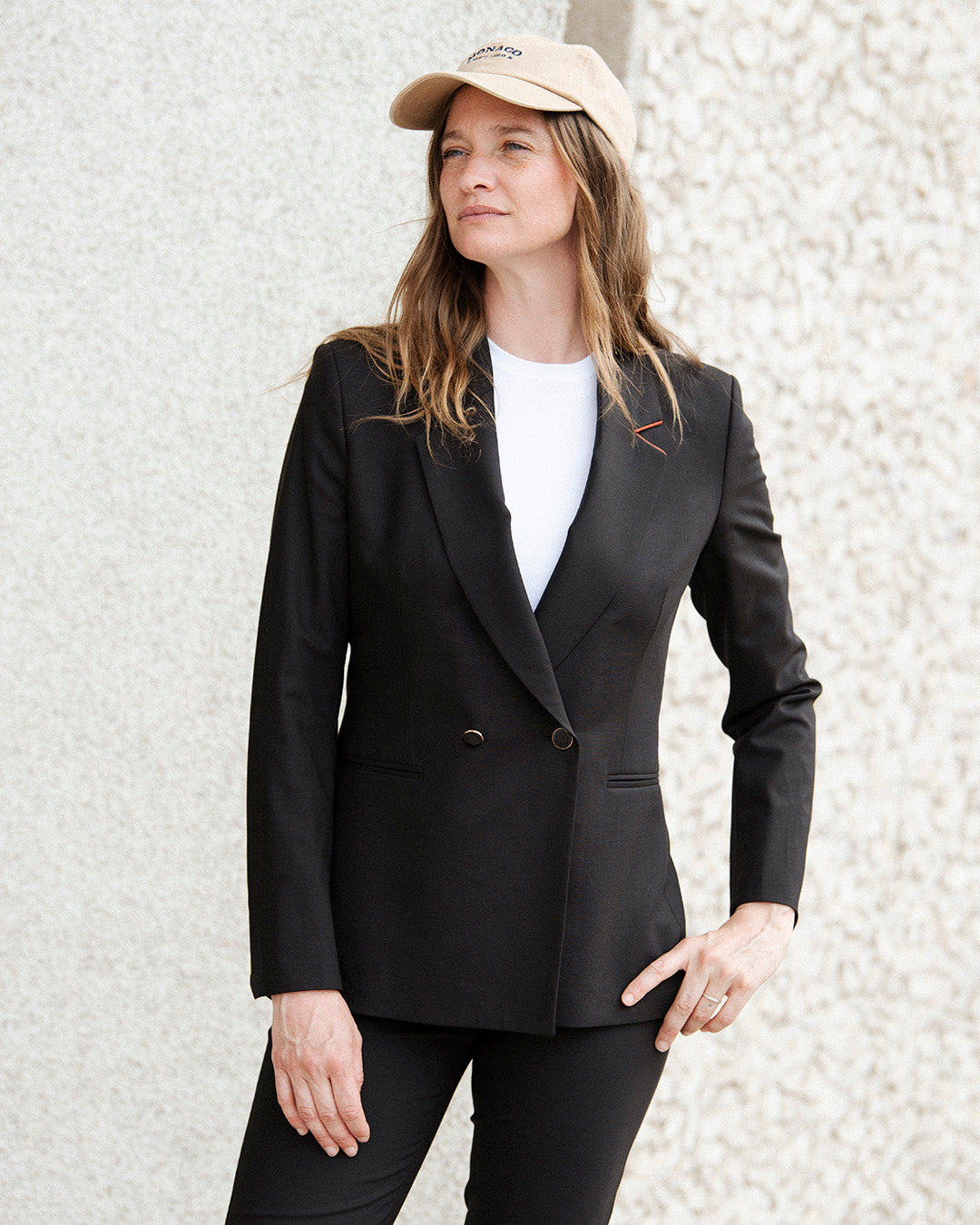 double breasted belted jacket Olbia - Black super 120's