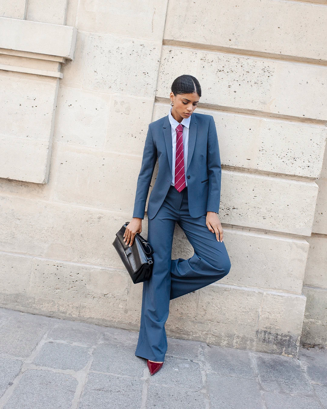 Women's blue-gray wide-leg tailored pants