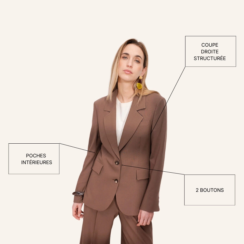 veste coupe droite et structurée parfaite pour toutes les morphologie, ensemble de tailleur pour femme marron