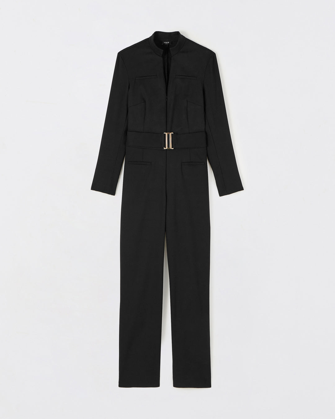 Black-suit-Removable-belt-in-tone-with-buckle-Neck-in-V-Two-buttons-in-tone-at-wrist-four-pockets-underpocket-17H10-suit-for-women-paris-