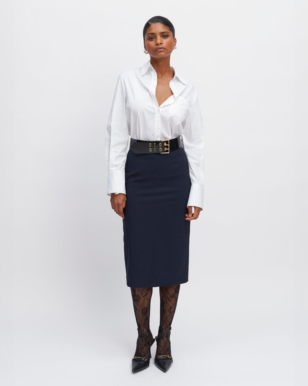 Pencil-skirt-navy-blue-High-waist-Laine-Italie-Super-100_S-Supple-comfortable-Slit-arriser-Souligne-joliment-hips-Minimum-seams-apparentes-Invisible-zip-arriser-closure