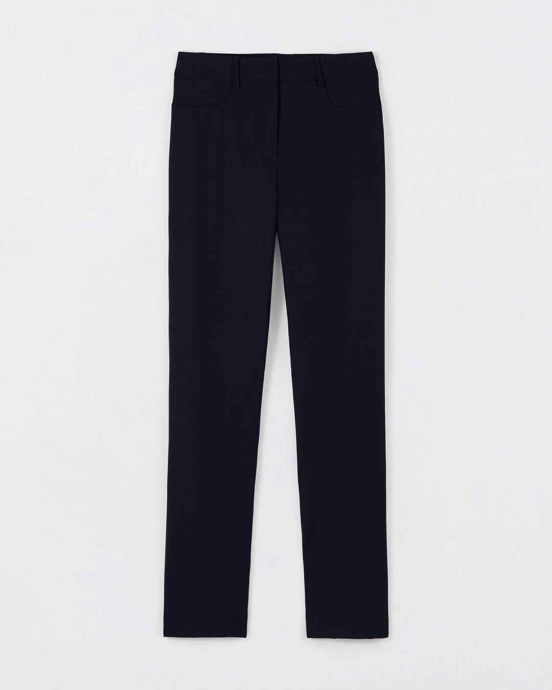 "Navy-blue trouser-tailor-Cigarette-cutter-Mid-rise-waist-Faux-cavalier-pockets-in-front-Wired-poise-pockets-in-back-Passing-for-belt-Zip-and-hook-closure-Camel-buttons-17H10-tailor-tailors-for-women-paris-"