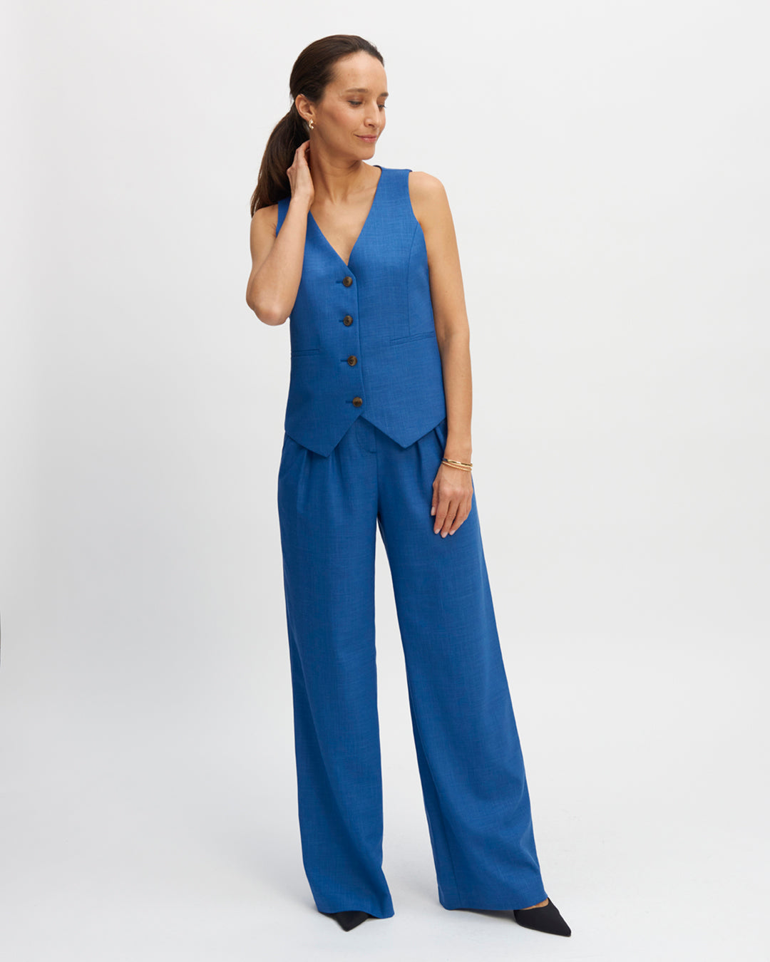 "Blue-palazzo-trousers-High-waist-Belted-with-buckle-Double-pleated-at-the-waist-17H10-waist-cut-for-women-paris-"