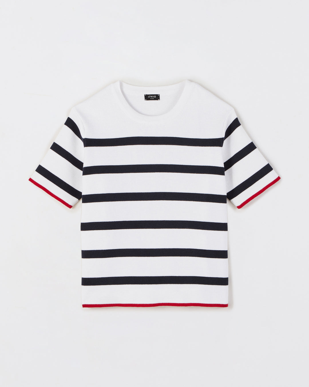 "Right-cut-Collar-round-Short-arm-half-arm-Arrive-at-basin-Motif-white-blue-red-marinière-17H10-tailleurs-pour-femme-paris-"
