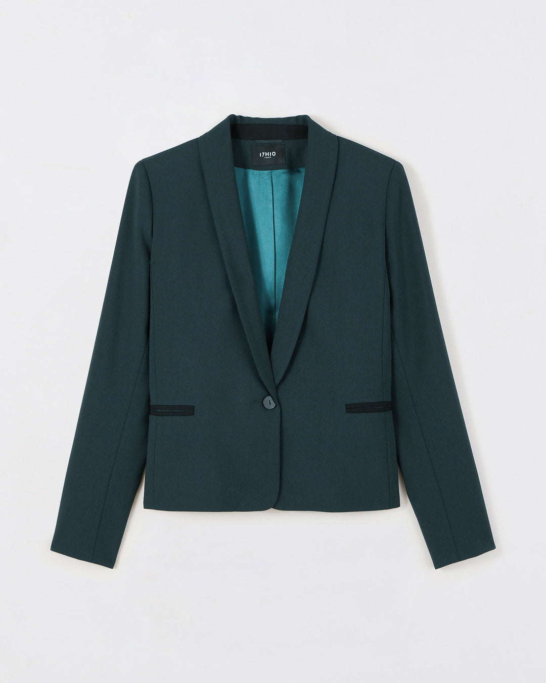Green-knit-jacket-Spencer-cut-Collar-Short-jacket-Two-pockets-passpoilées-One-lining-beige-luminous-Two-large-pockets-inside-Button-black-17H10-knit-jacket-for-women-paris-