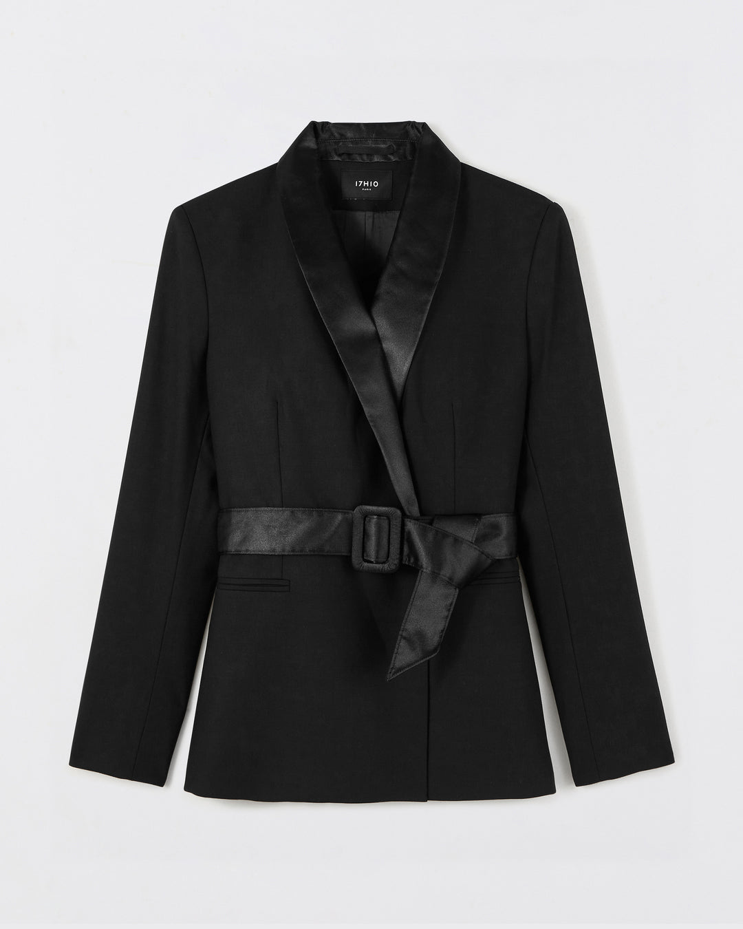Long-sleeved-knit-jacket-Cross-cut-and-bent-knit-neck-Reversible-belt-one-side-satin-and-one-side-drap-of-laine-Revers-col-châle-en-satin-17H10-knit-jacket-for-women-paris-