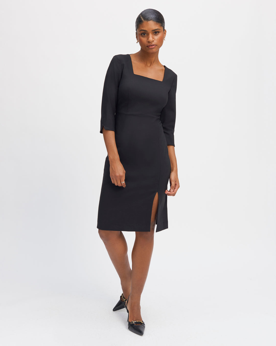 robe-noire-coupe-cintree-longue-genou-fente-legere-17H10-tailleurs-pour-femme-paris-