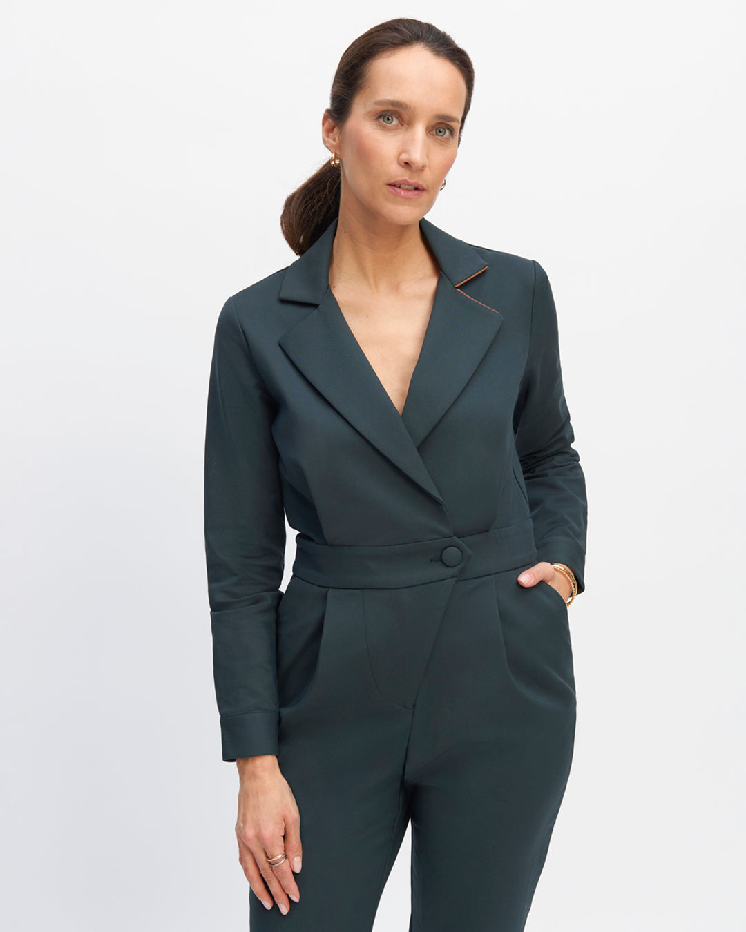 Jumpsuit-green-deep-collar-suit-Material-very-comfortable-Button-on-button-on-belt-Marqued-waist-cut-very-flattering-Light-feminine-decollete-17H10-suit-for-women-paris-