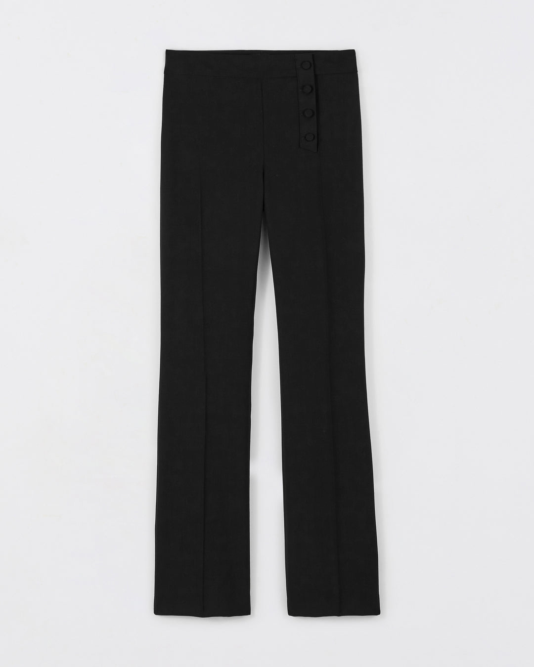 Pantalon-tailleur-noir-Taille-haute-Coupe-flair-évasée-aux-chevilles-Décoration-boutons-recouverts-asymétrique-Fermeture-zip-côté-17H10-tailleurs-pour-femme-paris-