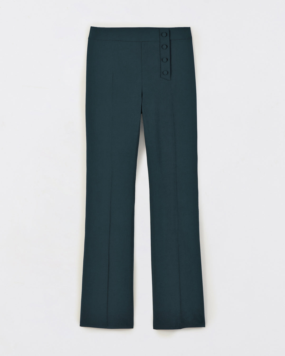 Pantalon-tailleur-vert-Taille-haute-Coupe-flair-évasée-aux-chevilles-Décoration-boutons-recouverts-asymétrique-Fermeture-zip-côté-17H10-tailleurs-pour-femme-paris-