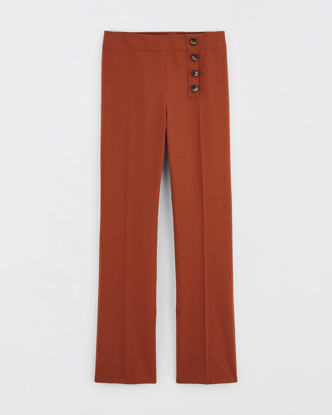 17h10_pantalon_tailleurfemme_oslo_auburn_orange_flare_evase_taillehaute_boutons_recouverts_zip_laine_travail_soiree_confortable_elegant_ethique_decontracte_pied