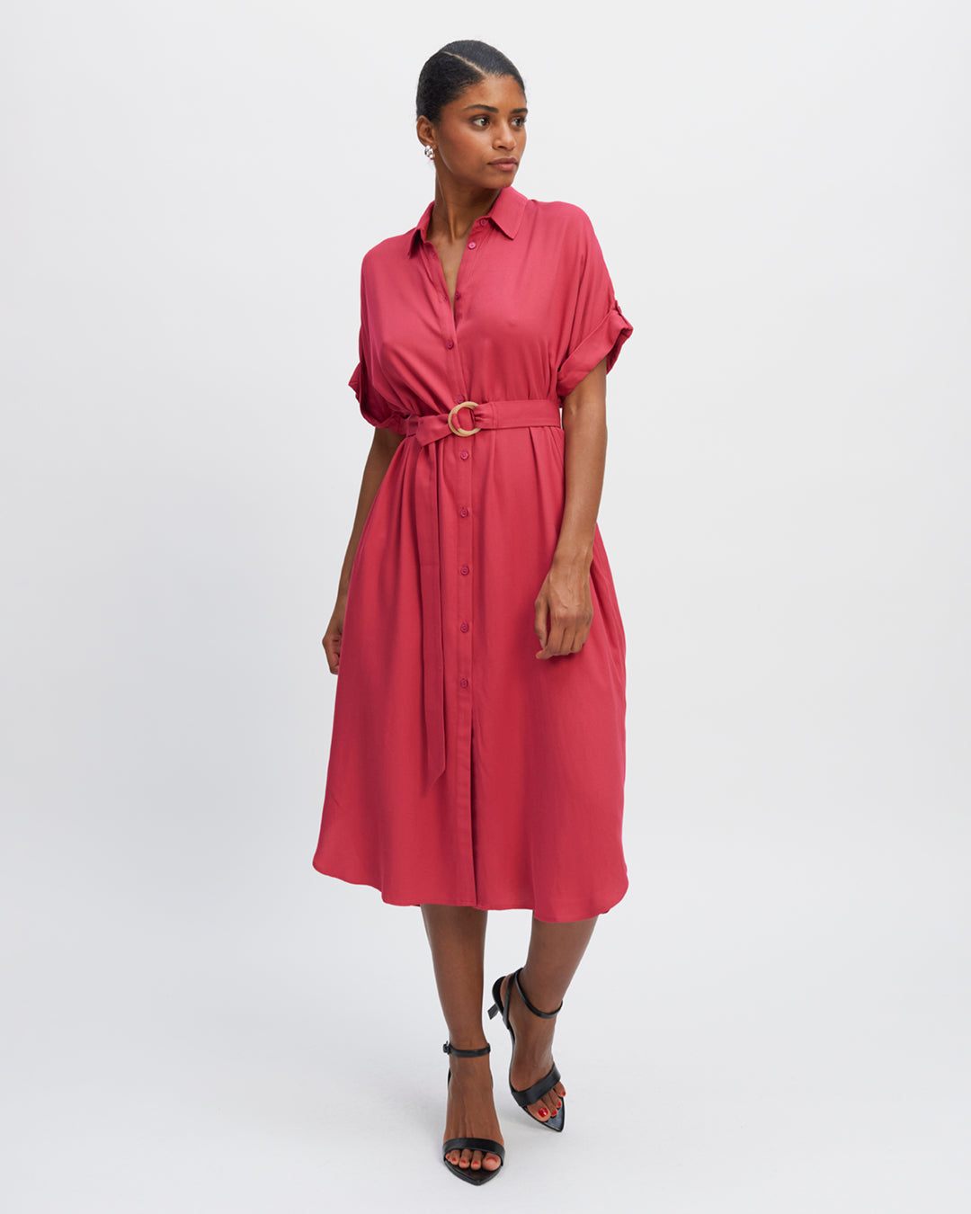 dress-pink-tight-cut-neck-blouse-short-sleeves-with-reverse-button-button-flap-belt-with-buckle-17H10-tailors-for-women-paris