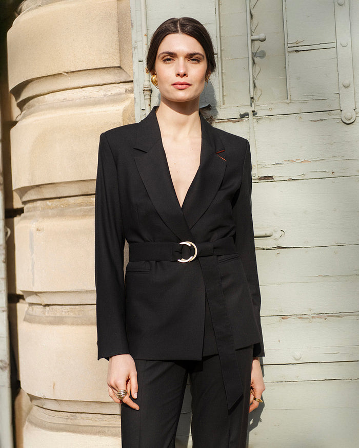 Costume Tailleur Femme DEGRIFFES - Veste Longue + Pantalon - Soie Satinée Rayures Noir - Taille 42 - Neuf Avec étiquettes
